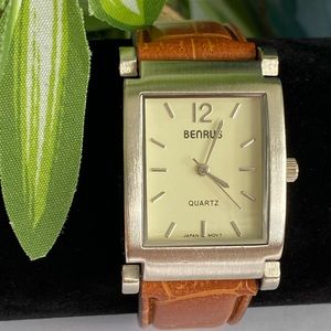 Benrus Men Watch Analog Brown Leather Band Quartz Japan Movement Wrist Watch